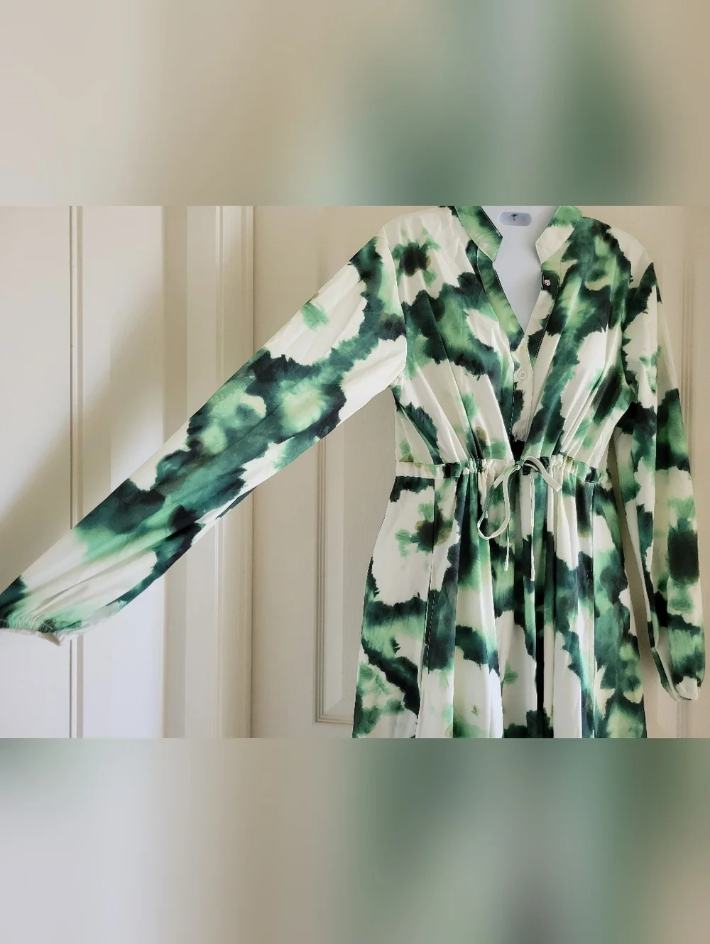 NWT Green/White Tie-Dye Floral Long Sleeve Boho Maxi Dress (SIZE S) - Picture 10 of 15
